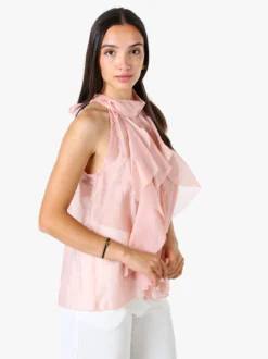 Doremi Top donna con volant e allacciatura al collo - rosa