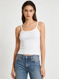 Essenziale Milano Top donna a coste con spalline strette e scollo vogatore - bianco