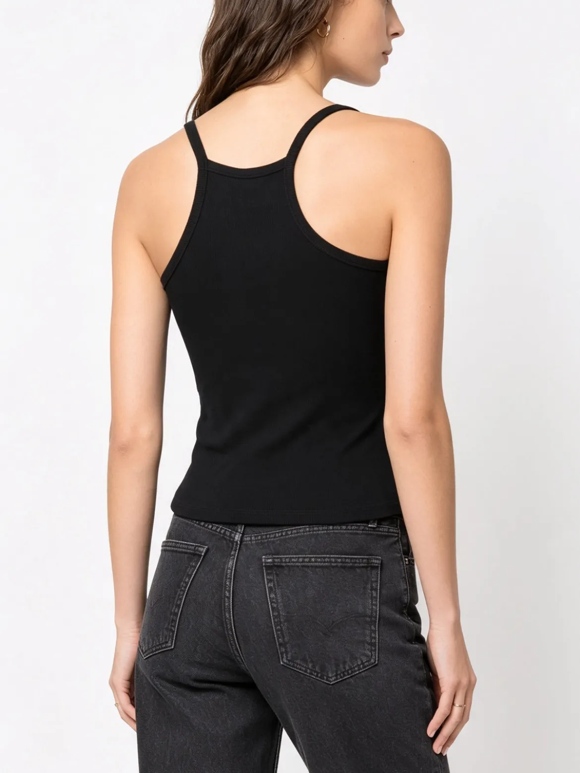 Essenziale Milano Top donna a coste con spalline strette e scollo vogatore - nero
