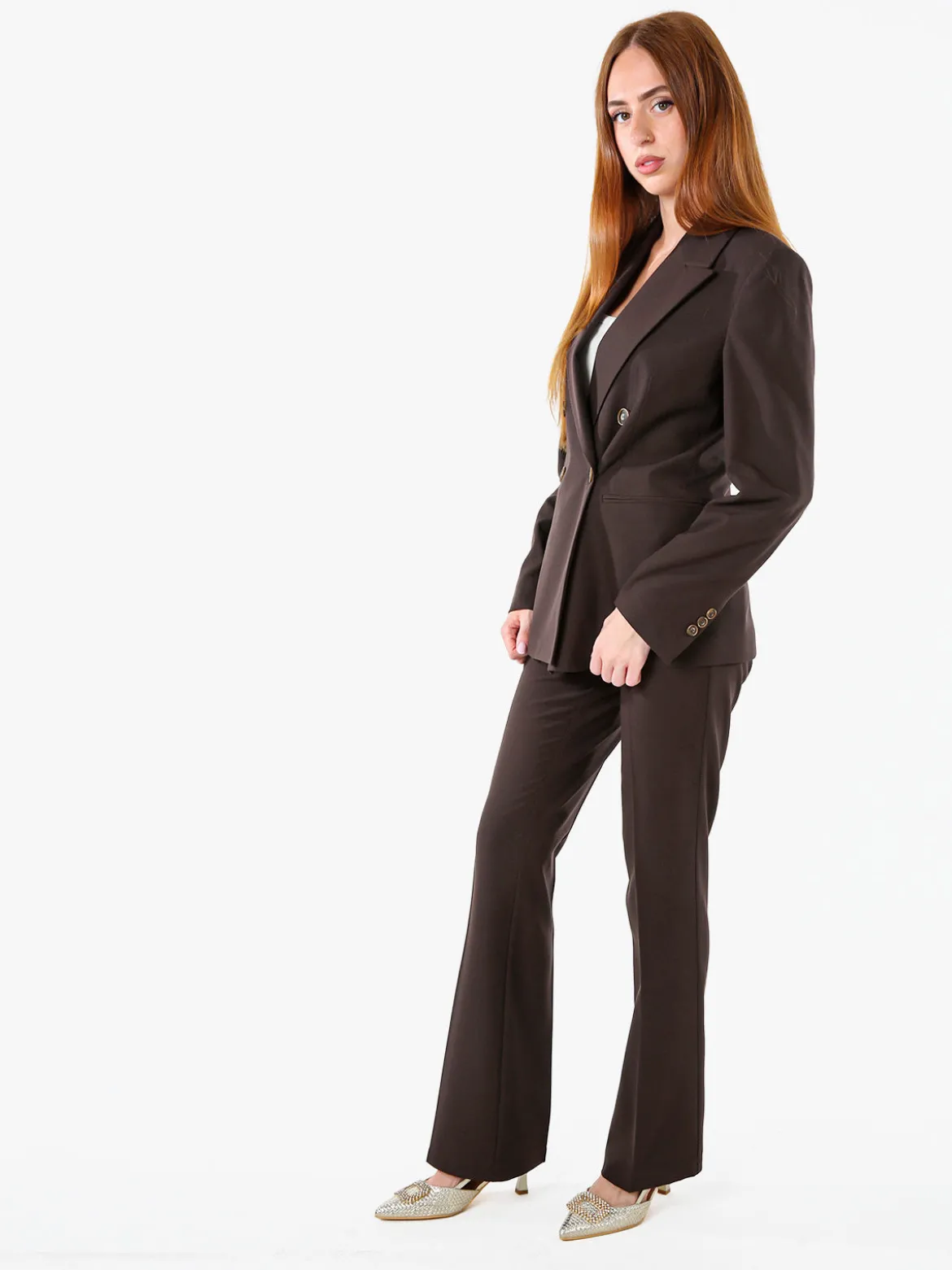 Fast Fashion Completo elegante da donna con blazer a doppiopetto e pantaloni a gamba dritta - moro