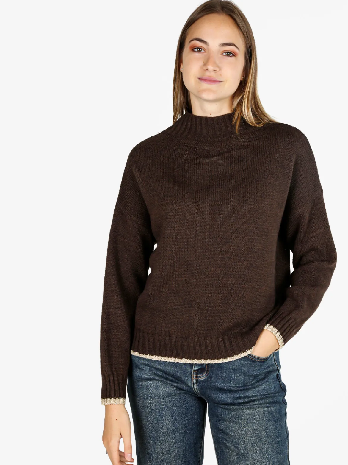 Fh Maglione donna in misto lana con dettaglio lurex - marrone