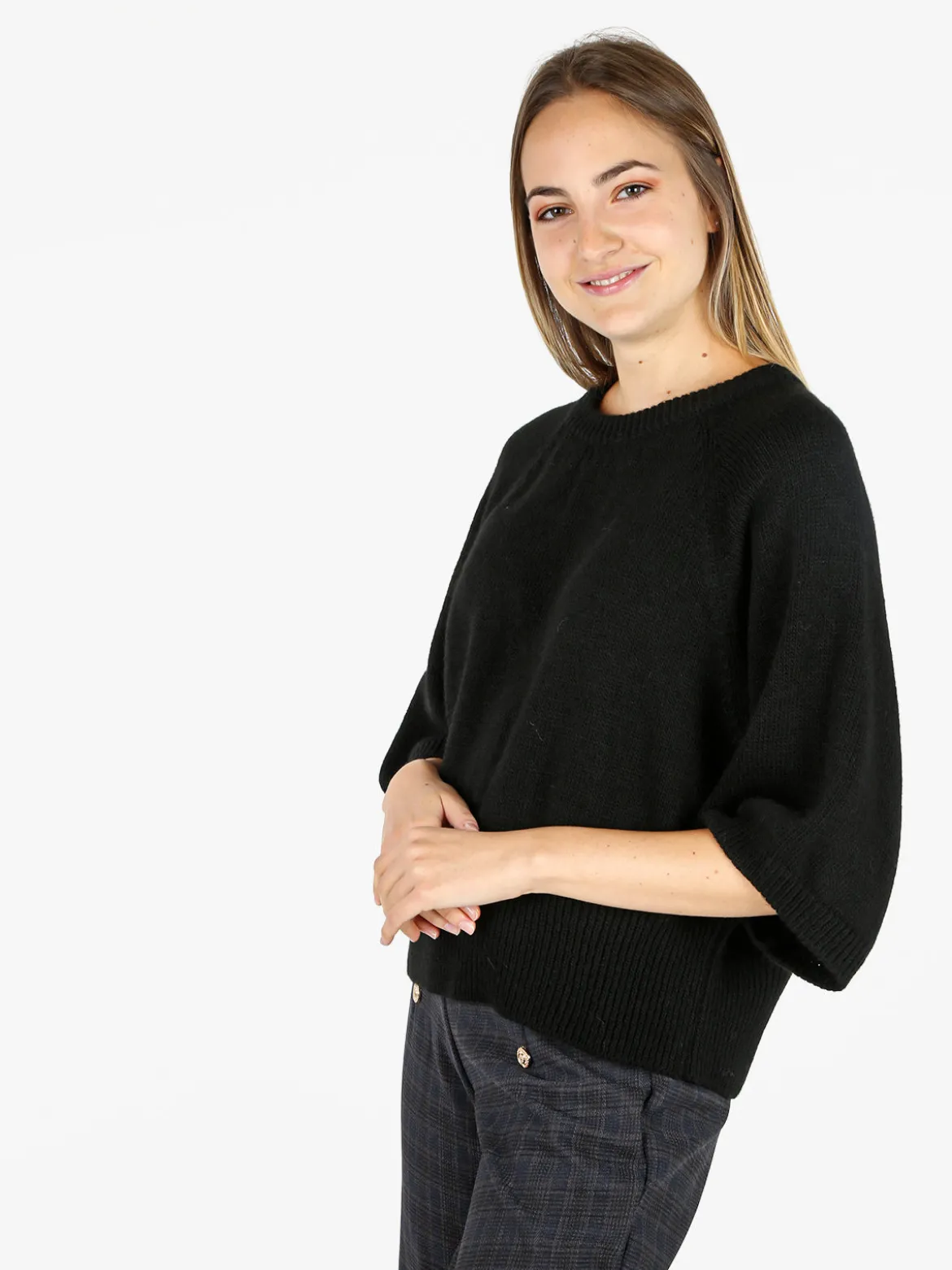 Fh Maglione donna in misto lana con maniche a pipistrello - nero