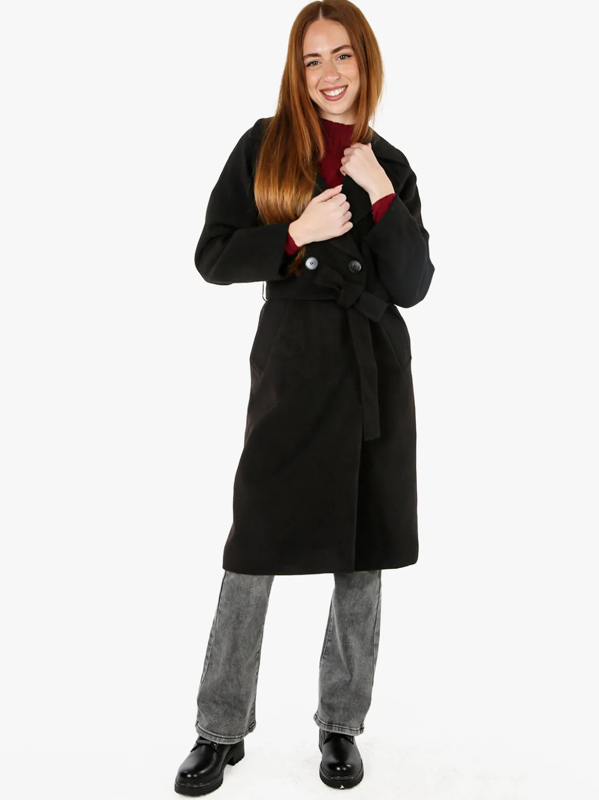 Flight Finery Cappotto lungo da donna a doppiopetto misto lana - nero