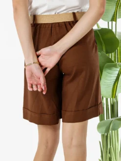 Frenetika Bermuda donna in misto lino con cintura in rafia - marrone