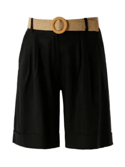Frenetika Bermuda donna in misto lino con cintura in rafia - nero