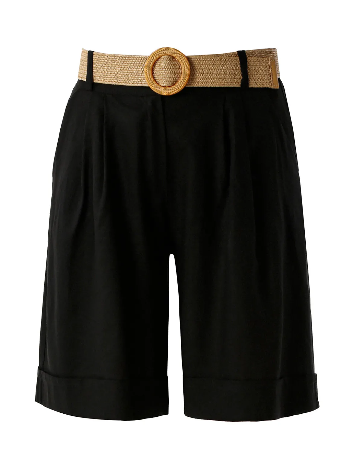 Frenetika Bermuda donna in misto lino con cintura in rafia - nero