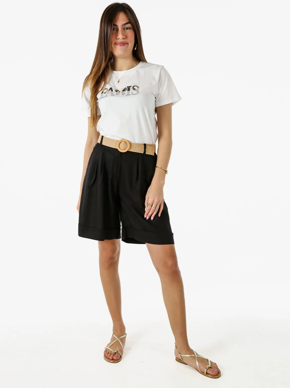 Frenetika Bermuda donna in misto lino con cintura in rafia - nero