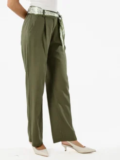 Frenetika Pantaloni donna in misto lino a gamba dritta con cintura a foulard - militare