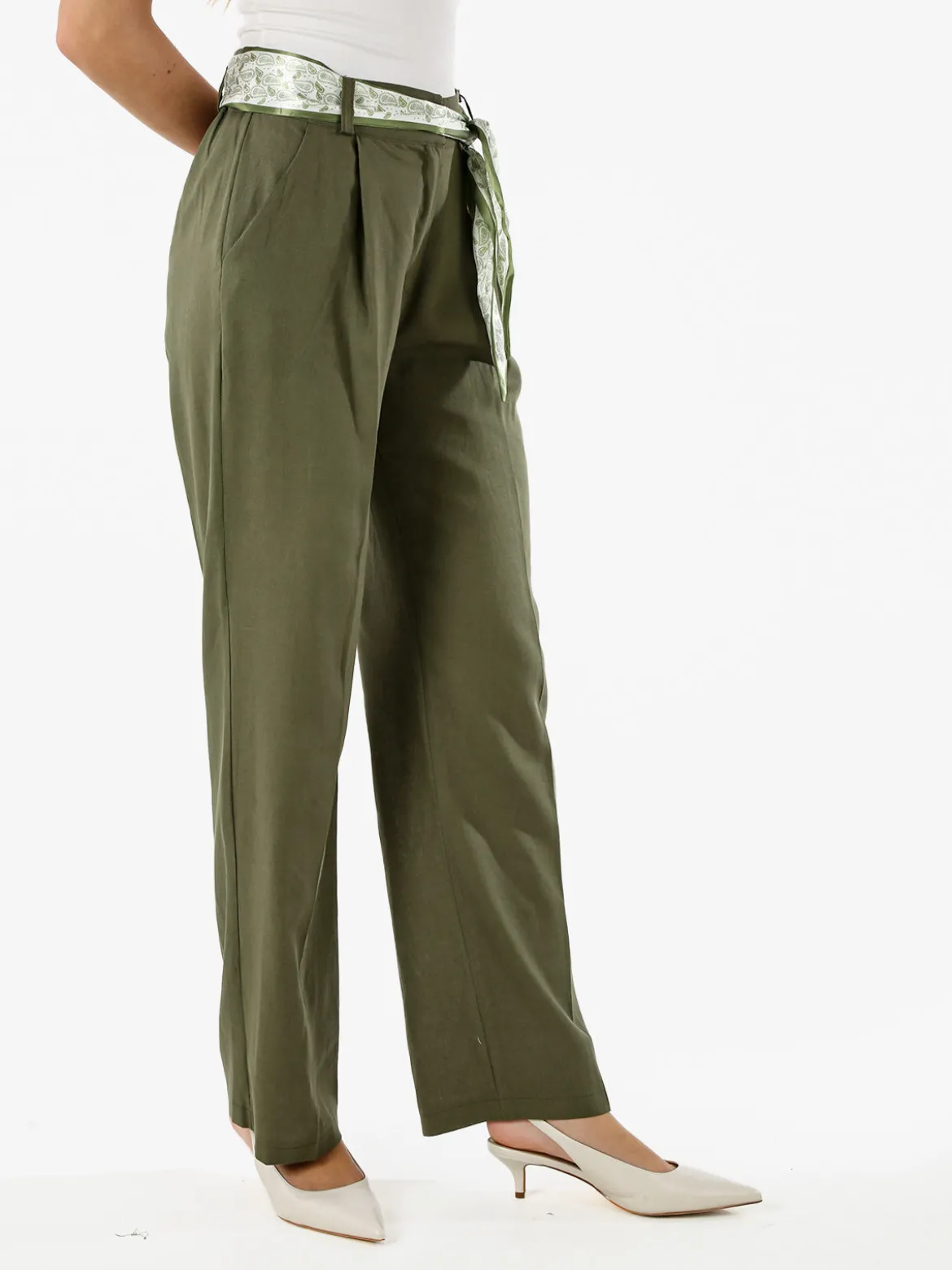 Frenetika Pantaloni donna in misto lino a gamba dritta con cintura a foulard - militare