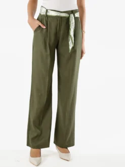 Frenetika Pantaloni donna in misto lino a gamba dritta con cintura a foulard - militare