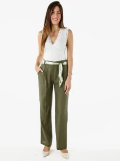 Frenetika Pantaloni donna in misto lino a gamba dritta con cintura a foulard - militare