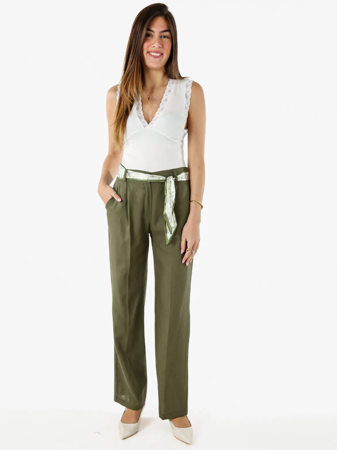 Frenetika Pantaloni donna in misto lino a gamba dritta con cintura a foulard - militare