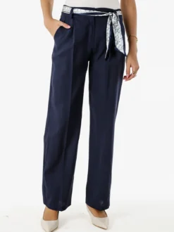 Frenetika Pantaloni donna in misto lino a gamba dritta con cintura a foulard - blu