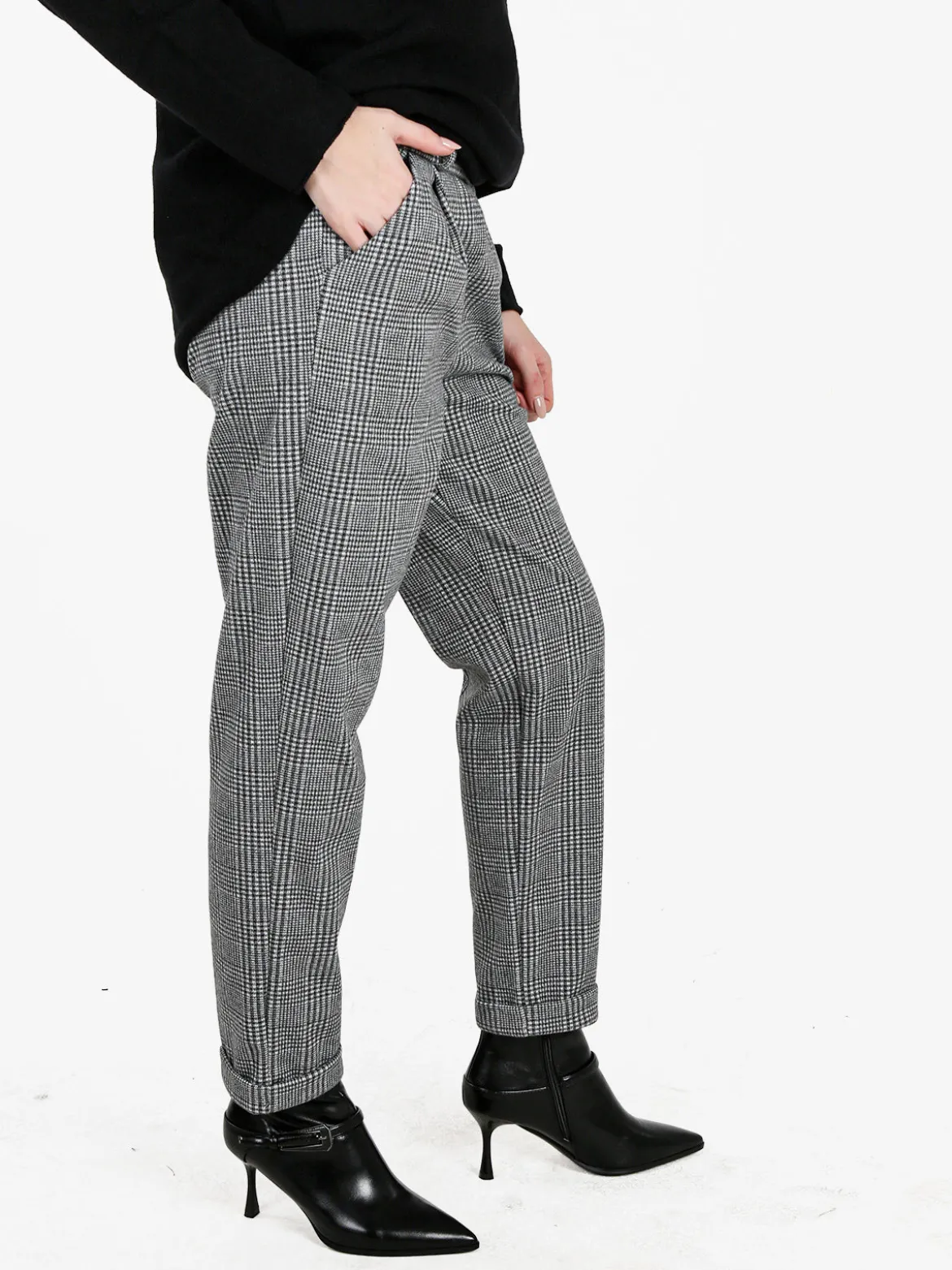 Frenetika Pantaloni donna pied de poule con cintura e risvolto finale - grigio