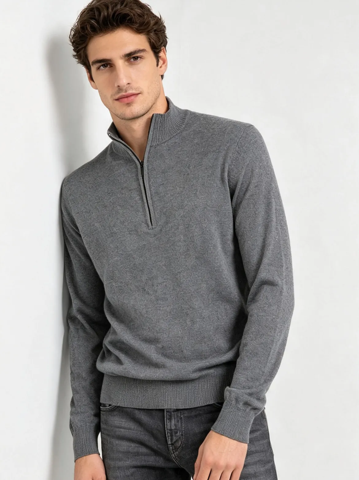 Gian Marco Venturi Maglione da uomo mezza zip in misto lana e cashmere - grigio scuro