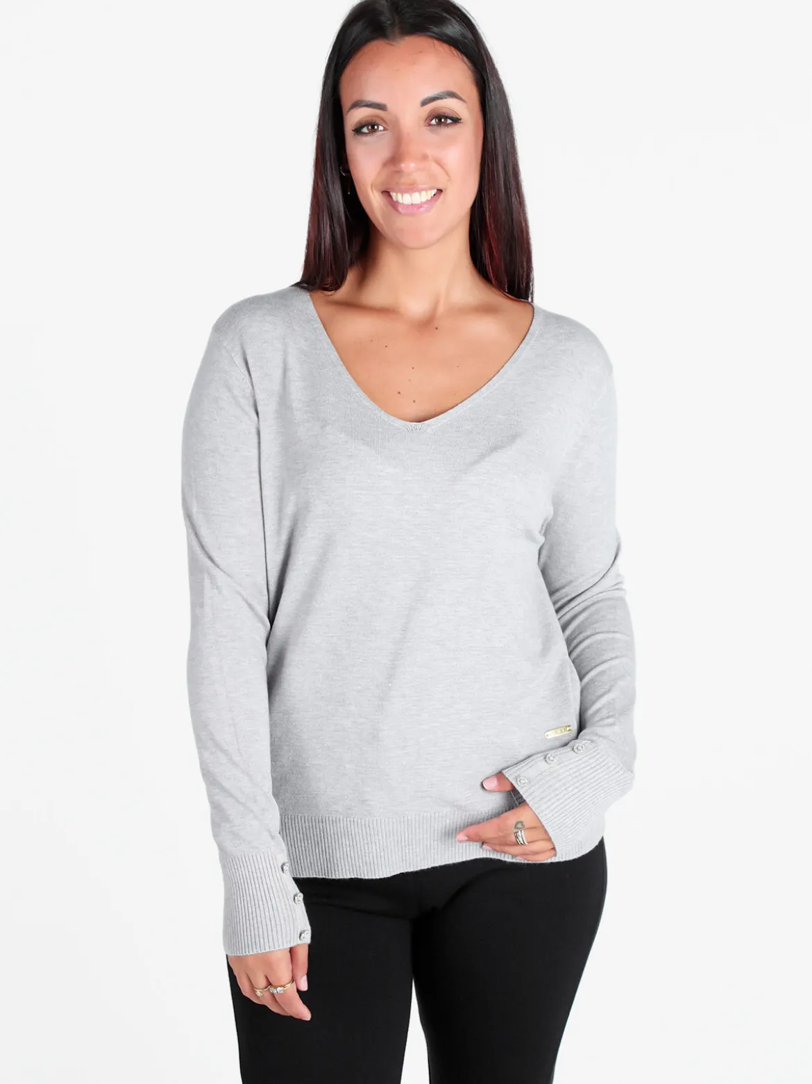 Gian Marco Venturi Pullover donna in maglia scollo a V con bottoni gioiello sui polsini