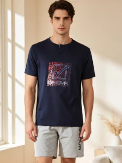 Givova Pigiama corto da uomo in misto cotone con logo - blu scuro