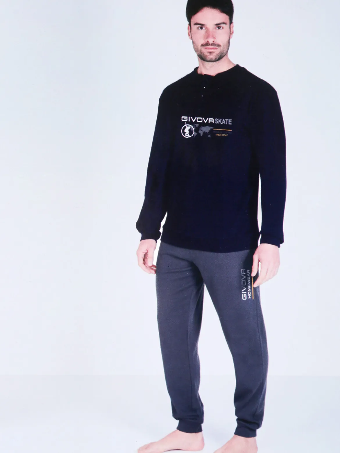 Givova Pigiama lungo da uomo in misto cotone interlock - blu scuro