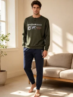 Givova Pigiama lungo da uomo in misto cotone interlock - militare