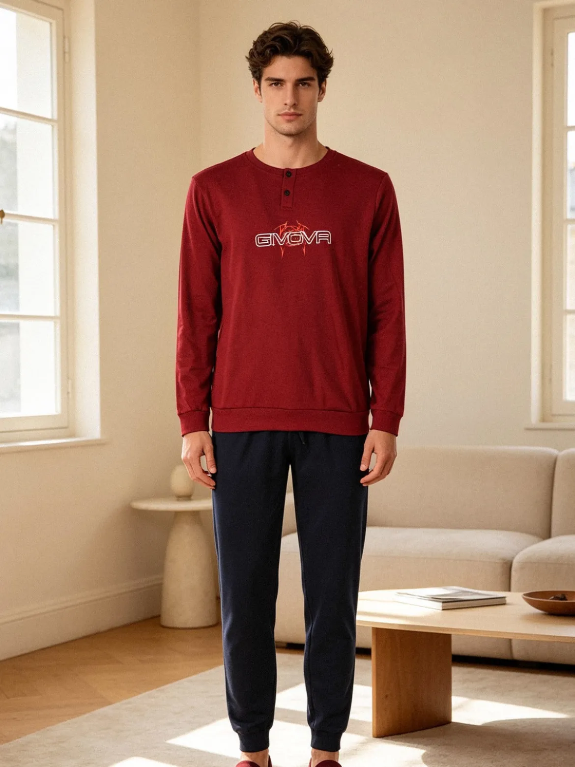 Givova Pigiama uomo in misto cotone interlock con logo - bordeaux