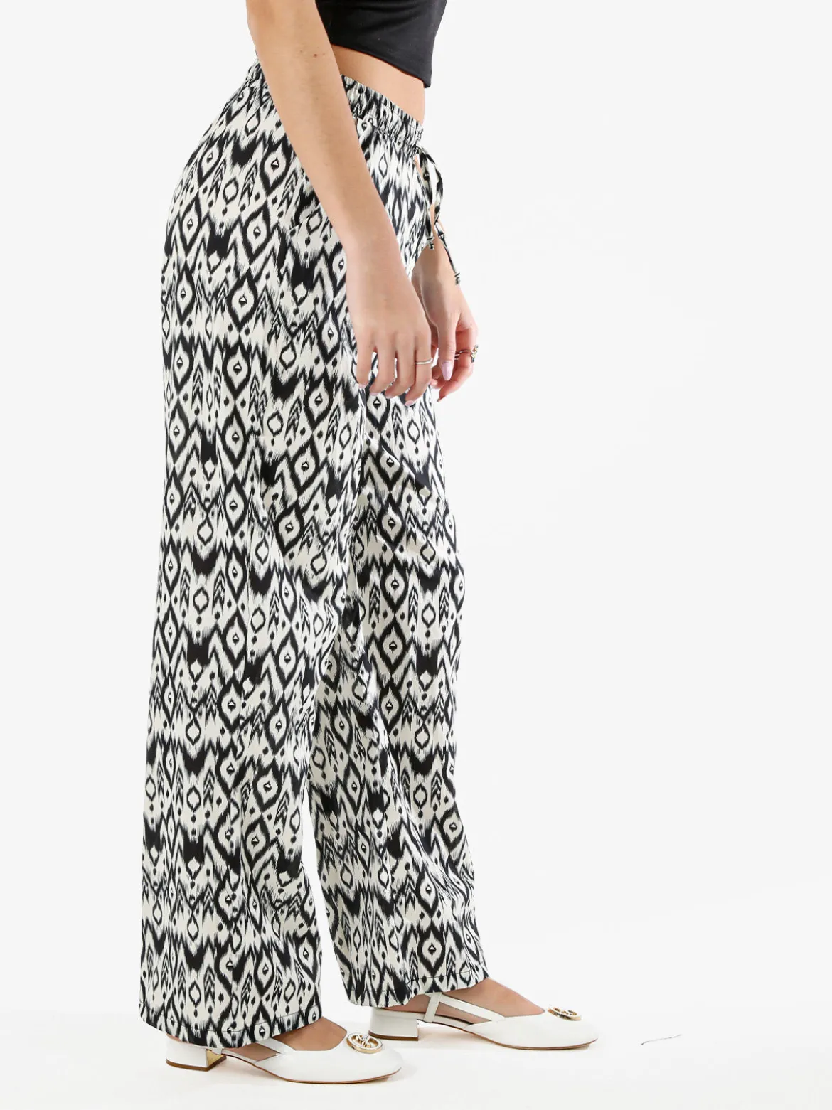 Gladys Pantaloni donna in cotone a gamba larga con coulisse e stampe - multicolore