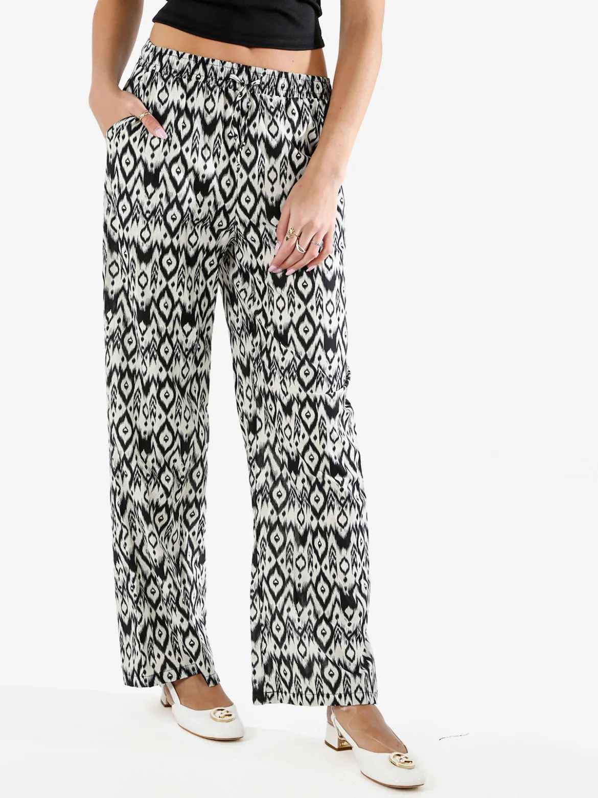 Gladys Pantaloni donna in cotone a gamba larga con coulisse e stampe - multicolore