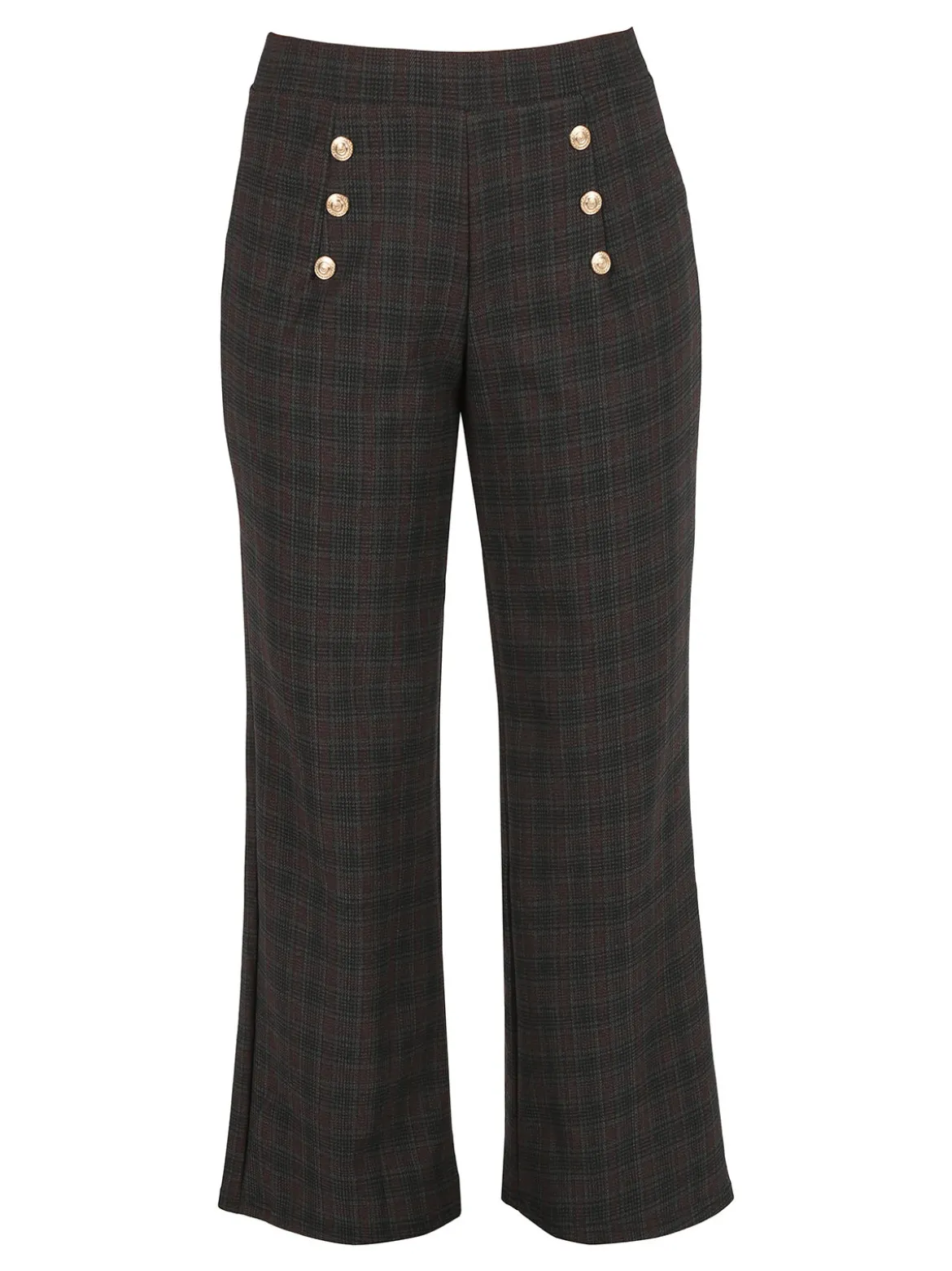 Gladys Pantaloni donna scozzesi a gamba larga con bottoni decorativi e interno in pile - marrone