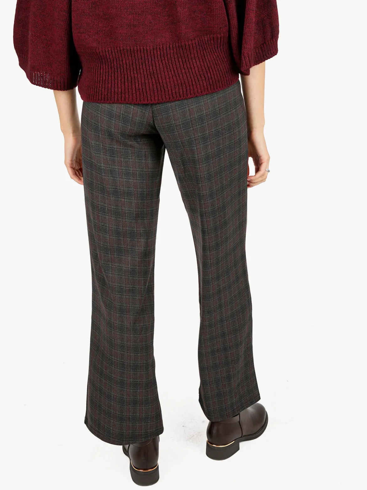 Gladys Pantaloni donna scozzesi a gamba larga con bottoni decorativi e interno in pile - marrone