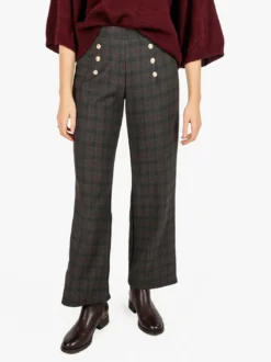 Gladys Pantaloni donna scozzesi a gamba larga con bottoni decorativi e interno in pile - marrone