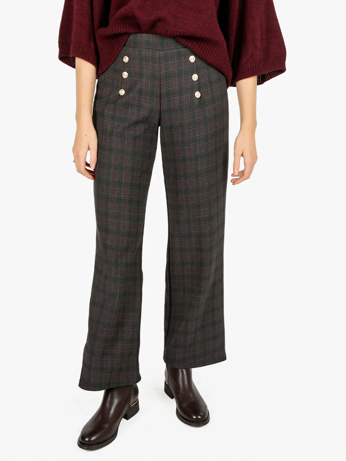 Gladys Pantaloni donna scozzesi a gamba larga con bottoni decorativi e interno in pile - marrone
