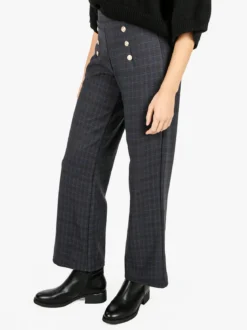 Gladys Pantaloni donna scozzesi a gamba larga con bottoni decorativi e interno in pile - blu scuro