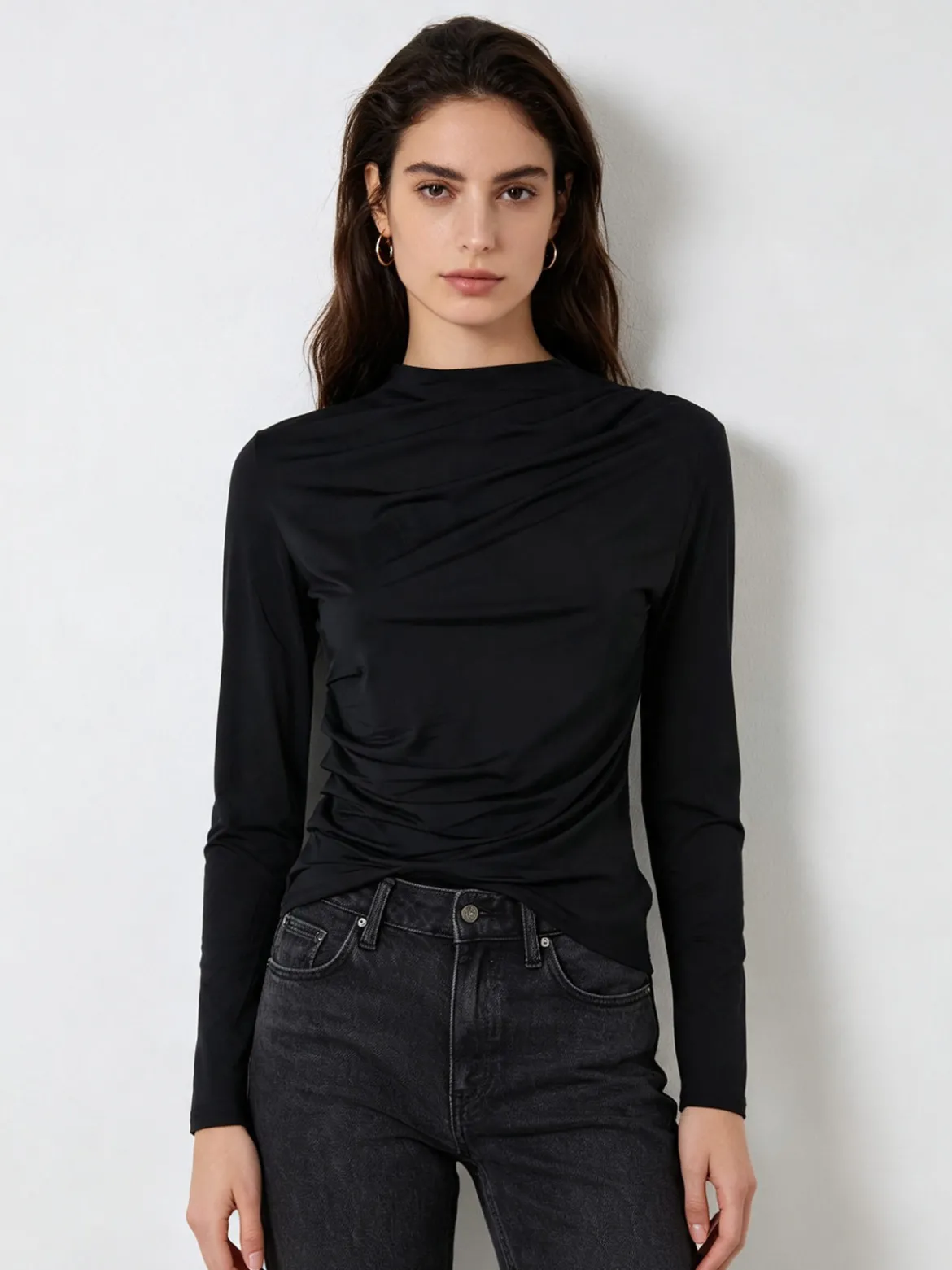 Gondola Blu Maglia donna accollata a maniche lunghe con drappeggio laterale - oliva