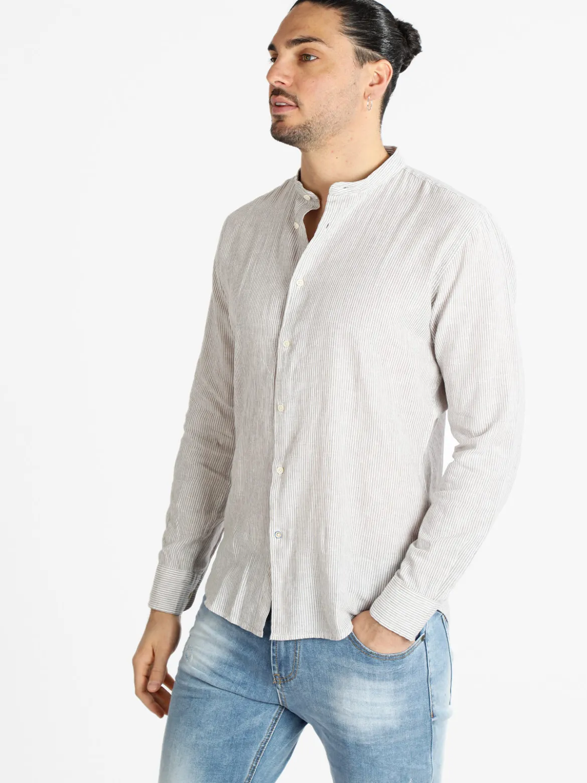Guy Camicia alla coreana da uomo misto lino