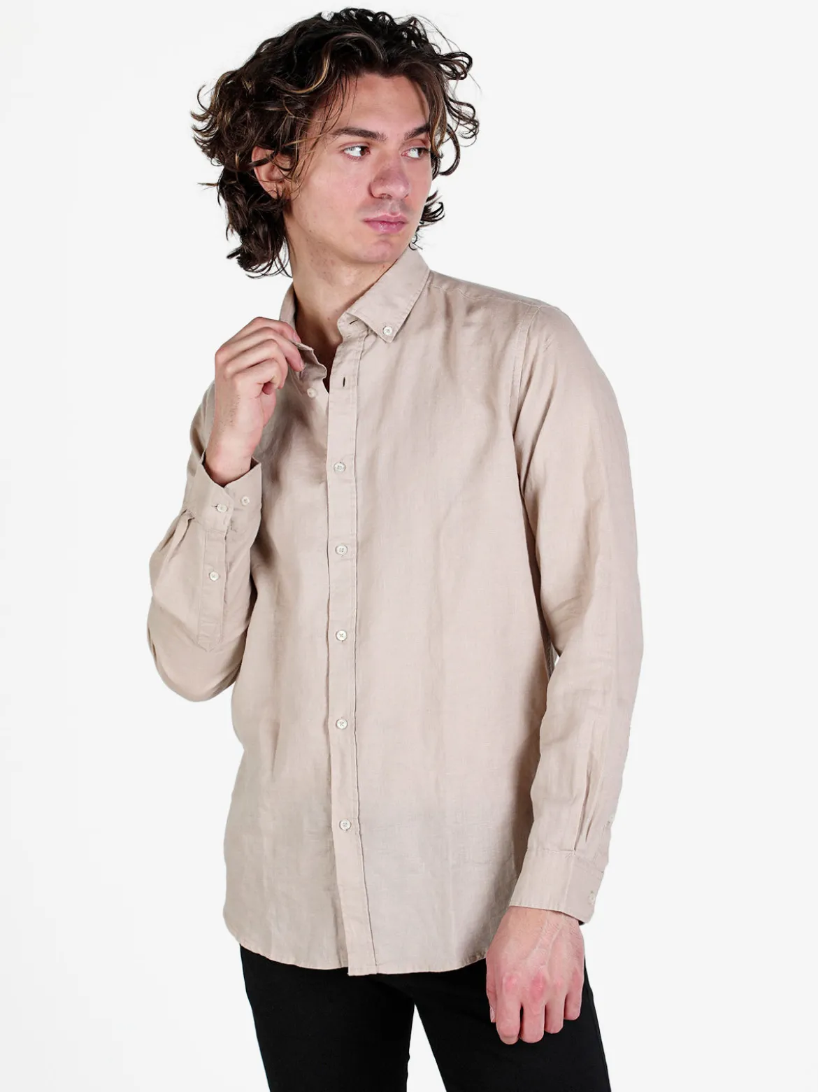 Guy Camicia da uomo in misto lino a maniche lunghe