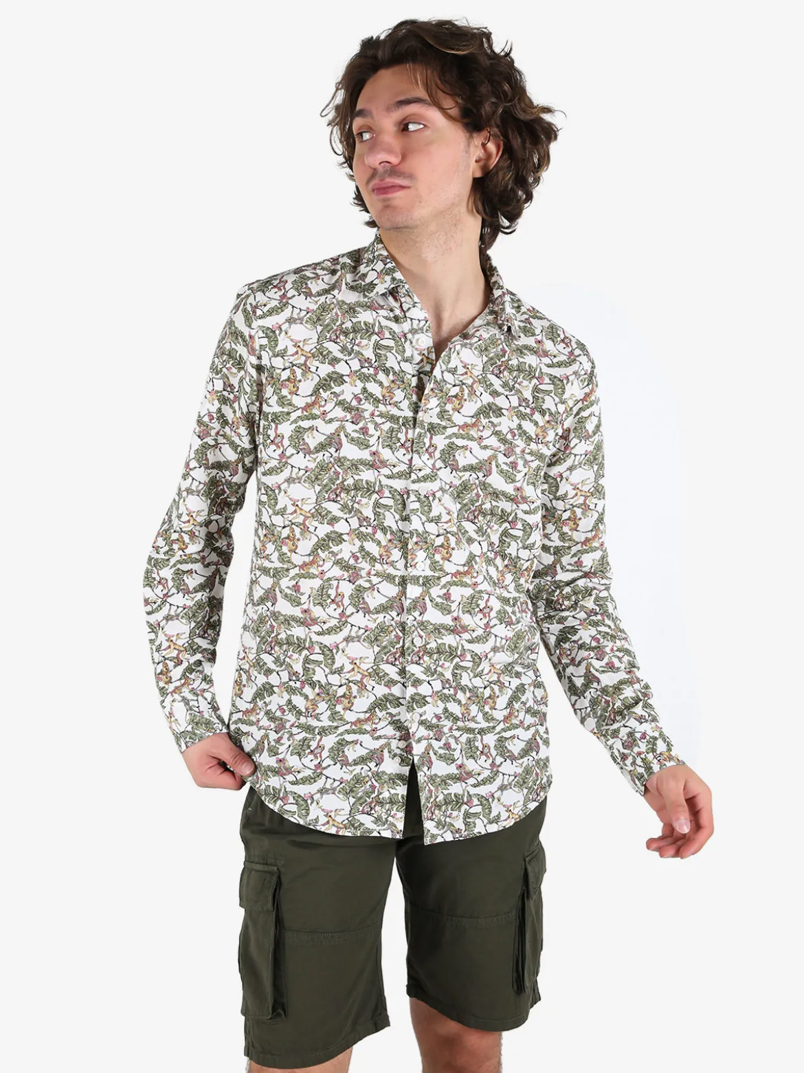 Guy Camicia da uomo in misto lino a maniche lunghe con stampa disegni