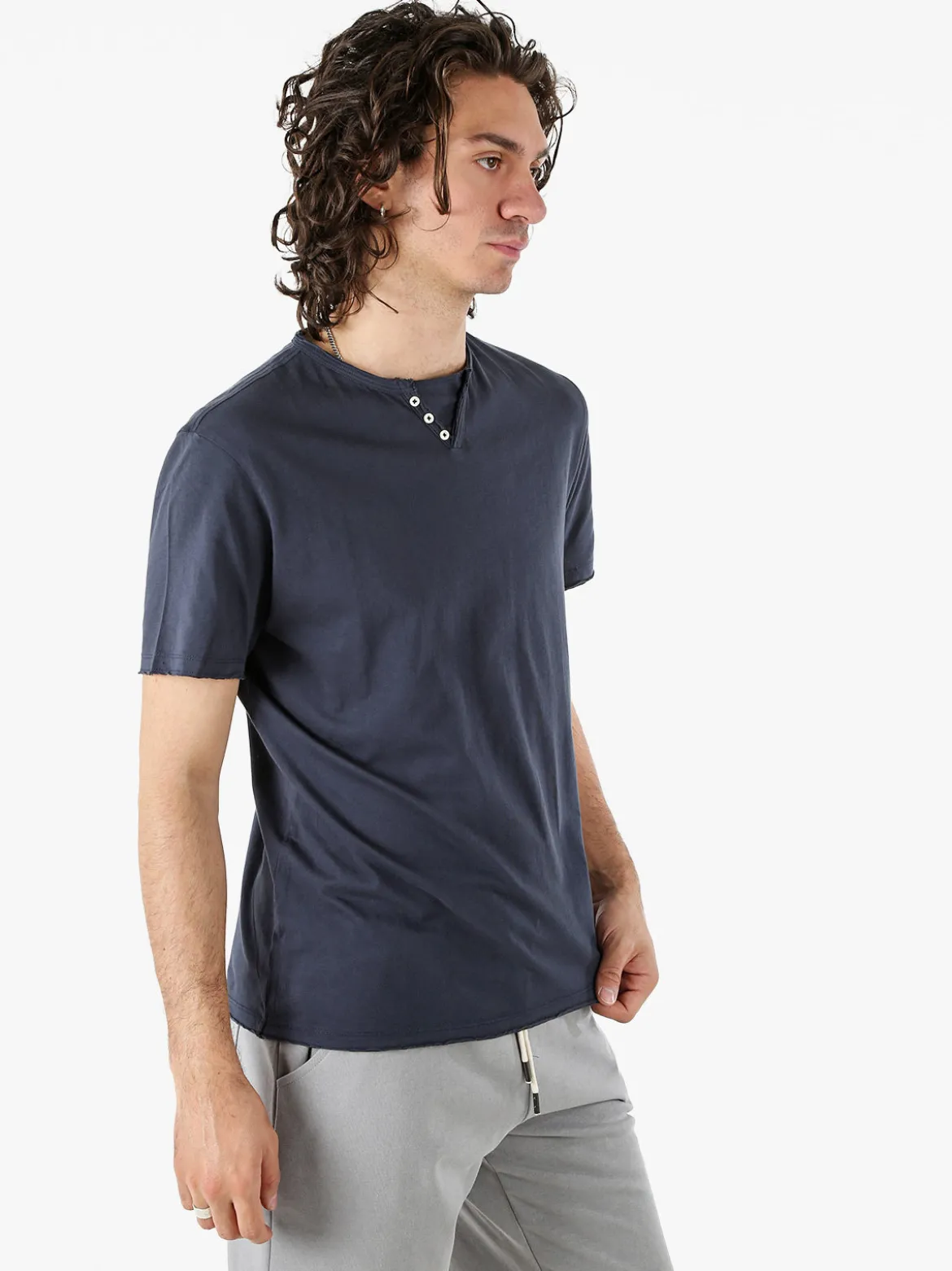 Guy T-shirt da uomo in cotone con bottoncini sullo scollo - blu suro