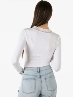 Hdl Milano Top donna a maniche lunghe con dettagli di pizzo - bianco