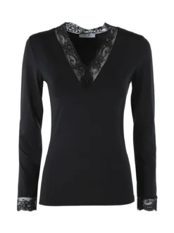 Hdl Milano Top donna a maniche lunghe con dettagli di pizzo - nero