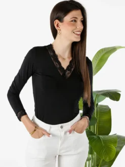 Hdl Milano Top donna a maniche lunghe con dettagli di pizzo - nero
