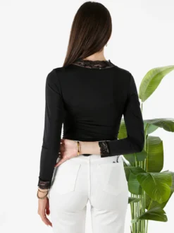 Hdl Milano Top donna a maniche lunghe con dettagli di pizzo - nero