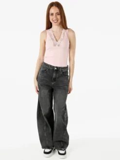 Hdl Milano Top donna con scollo a V e pizzo - rosa