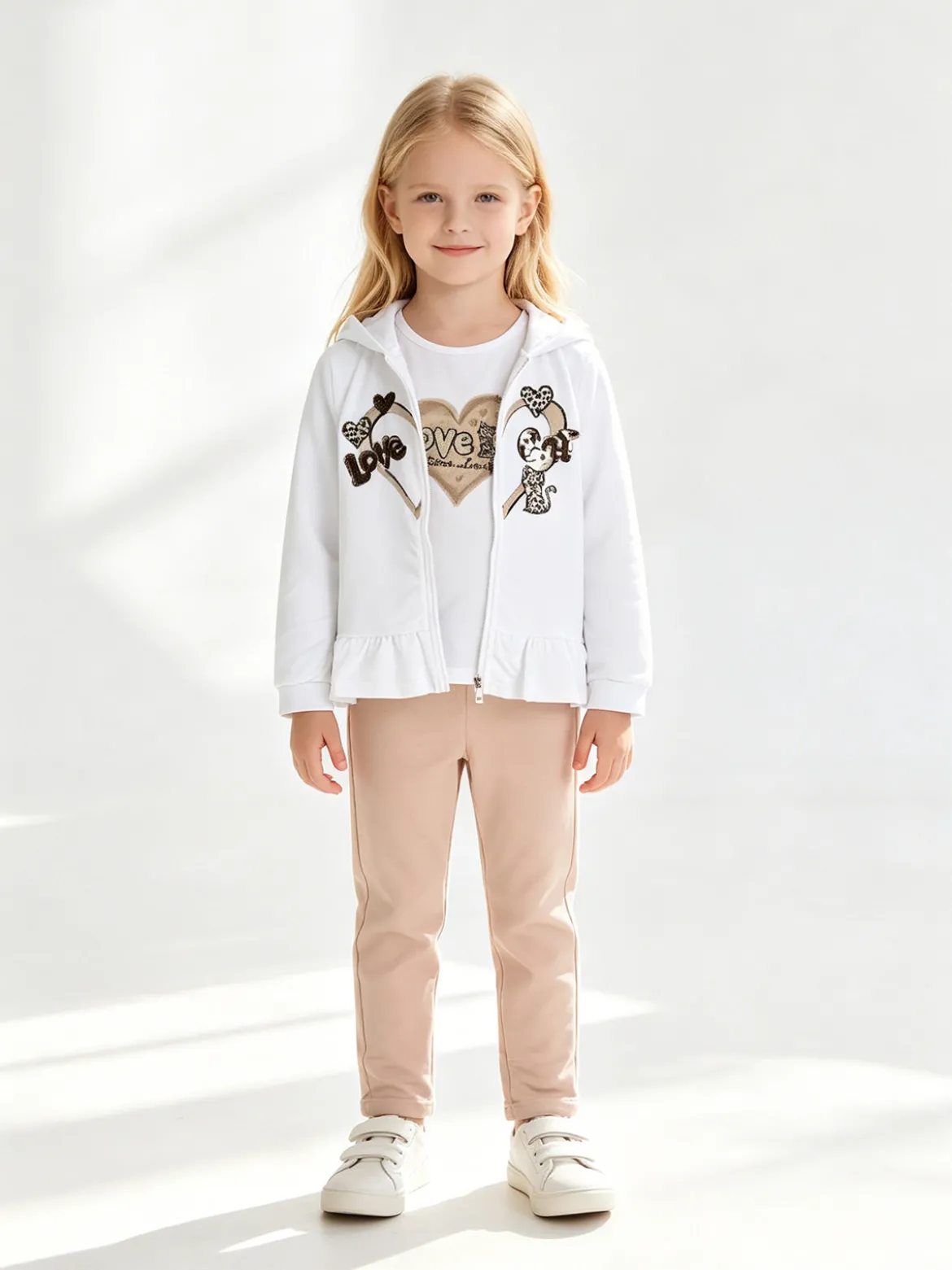 Hope Star Completo 3 pezzi da bambina con cappuccio e zip - bianco