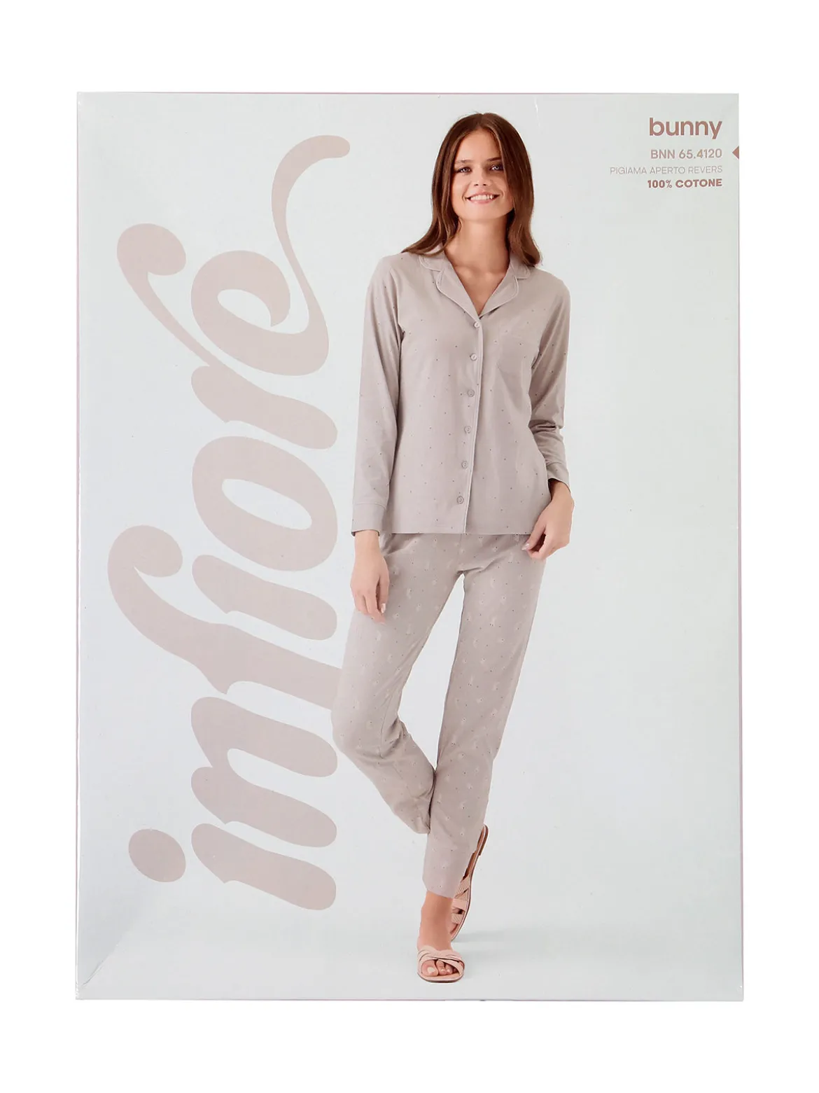 Infiore BUNNY Pigiama aperto da donna in cotone con bottoni - fango