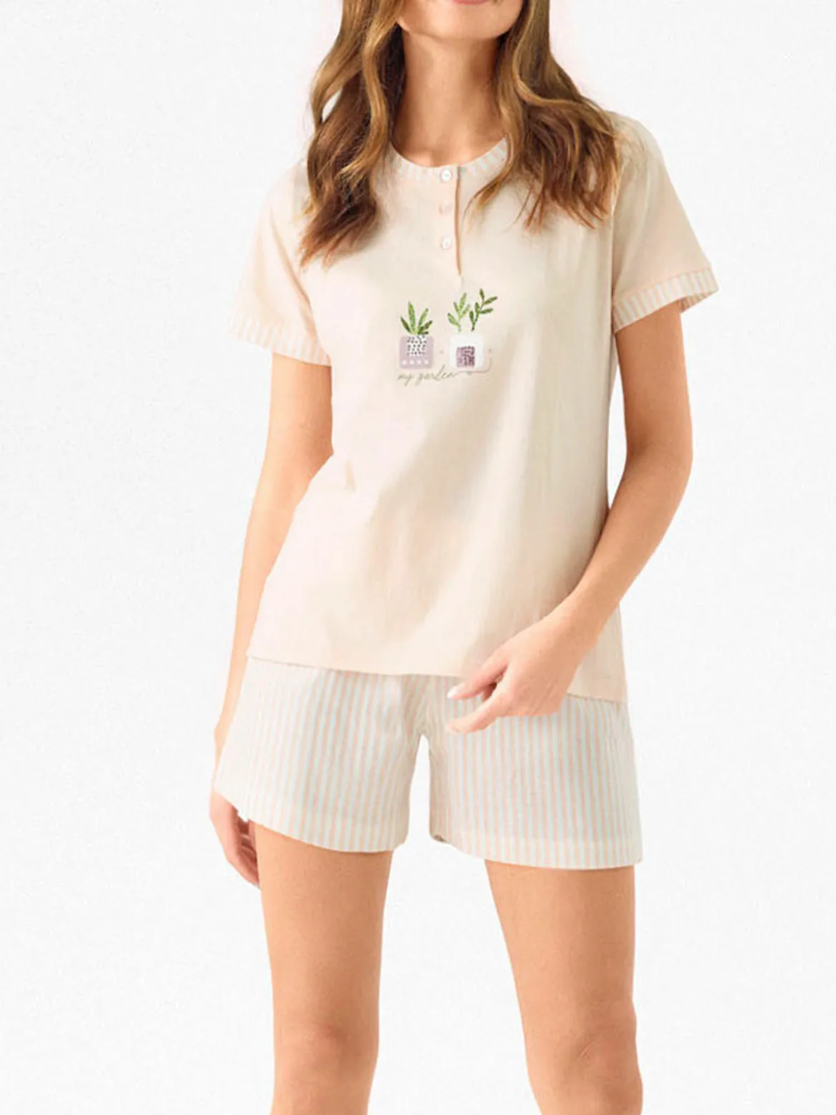 Infiore MOSAIC Pigiama corto da donna in cotone con shorts a righe - albicocca