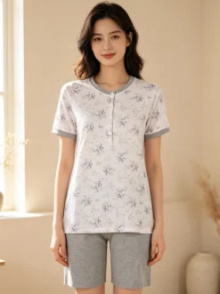 Infiore NUVOLA pigiama in cotone da donna con t-shirt floreale e shorts - grigio