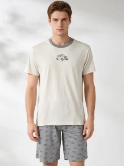 Infioreuomo Pigiama corto da uomo in cotone - beige