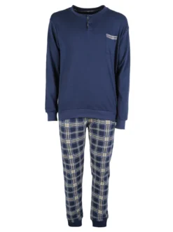 Infioreuomo Pigiama lungo da uomo in cotone con taschino e pantaloni a quadri - blu scuro