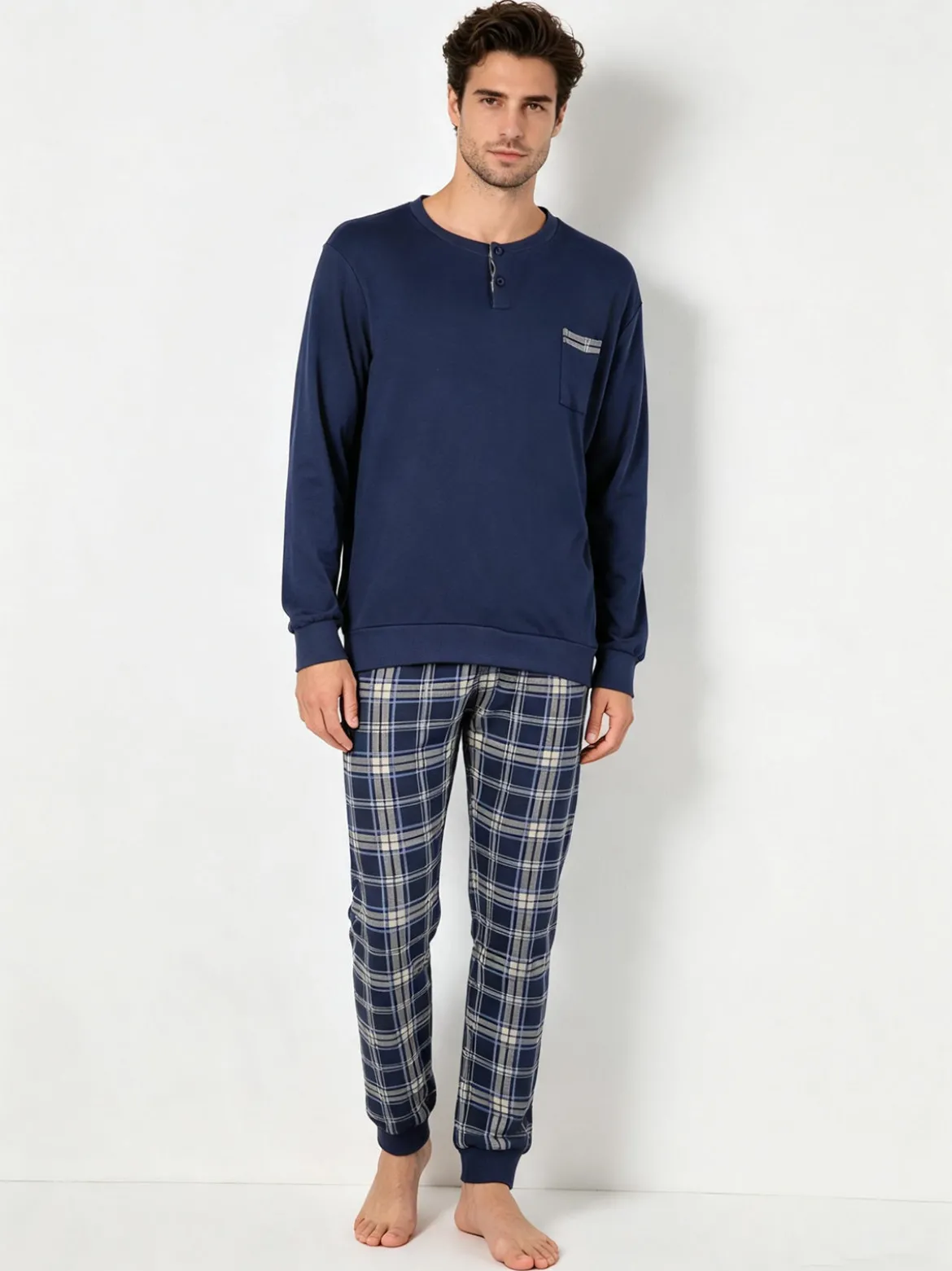 Infioreuomo Pigiama lungo da uomo in cotone con taschino e pantaloni a quadri - blu scuro