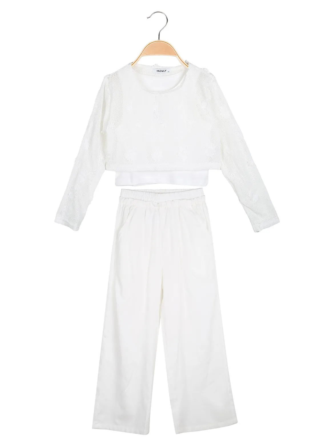 Injuly Completo 3 pezzi da bambina con top traforato e pantaloni misto lino - bianco