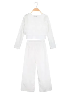 Injuly Completo 3 pezzi da bambina con top traforato e pantaloni misto lino - bianco